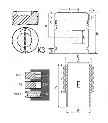 KIT CHEMISE PISTON 3 SEGMENTS DIAMETRE 102 ADAPTABLE DEUTZ 02923874 02925420 02925625